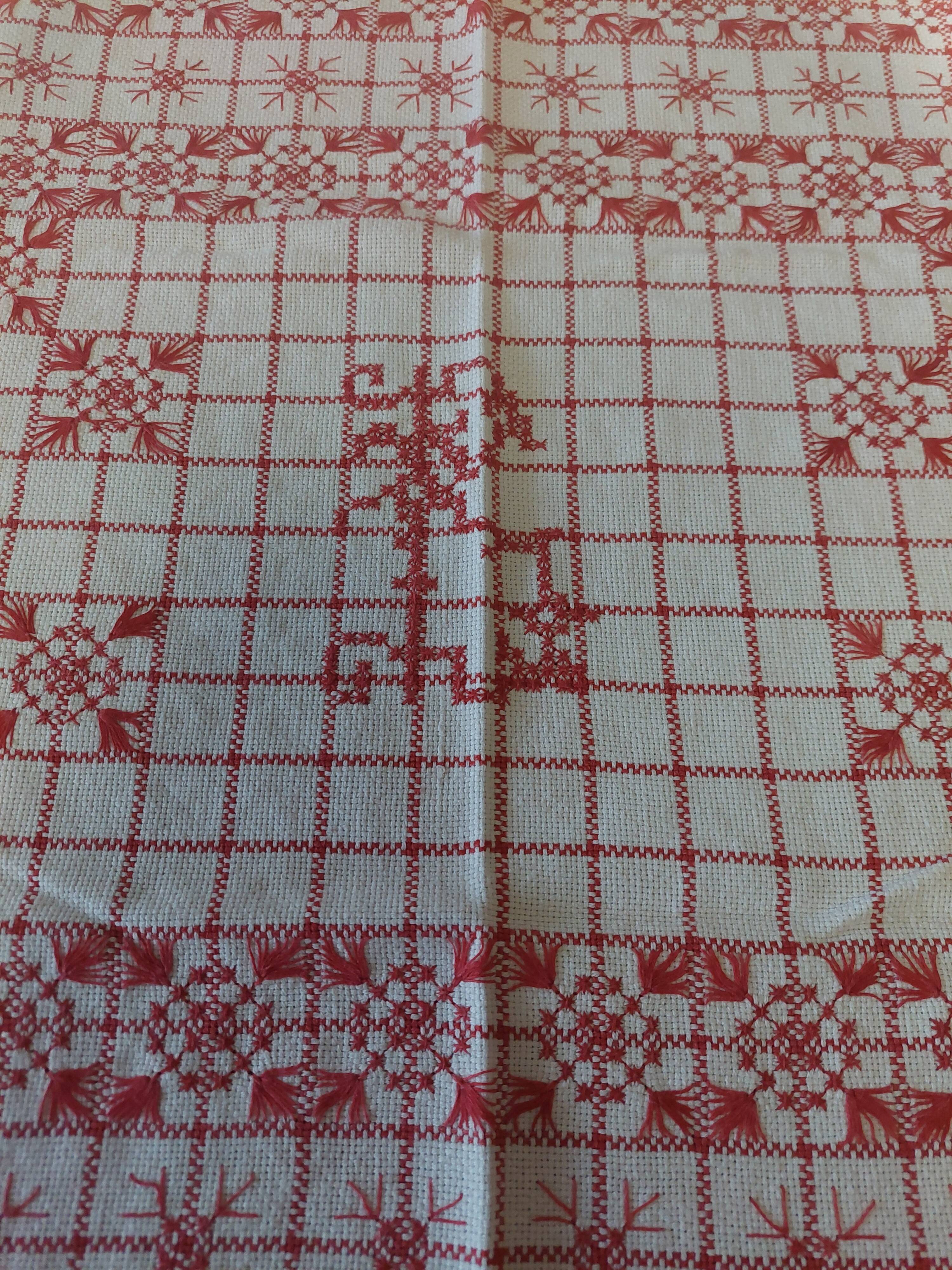 Red checkered cotton tablecloth with fringes