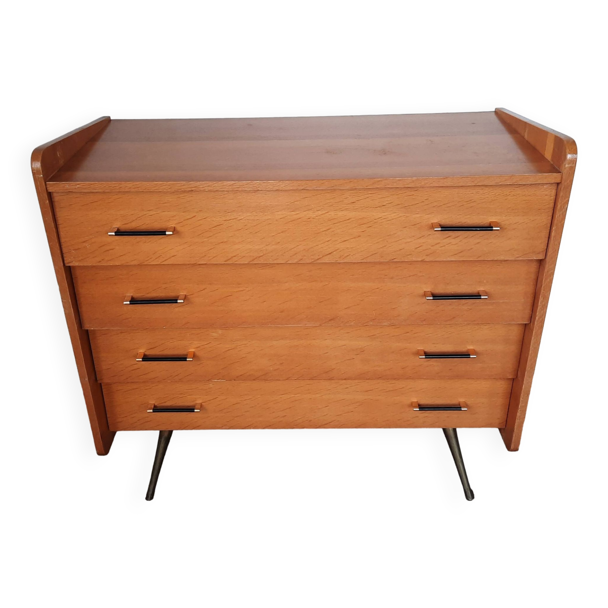 Vintage light oak chest of drawers, brass base