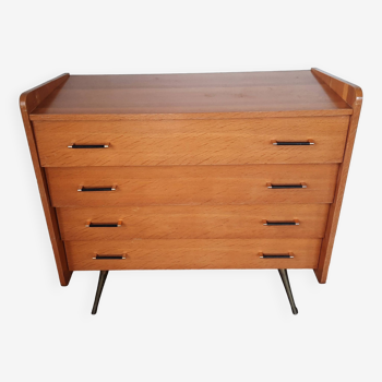Vintage light oak chest of drawers, brass base