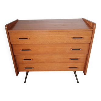 Commode vintage chêne  clair, piètement  laiton