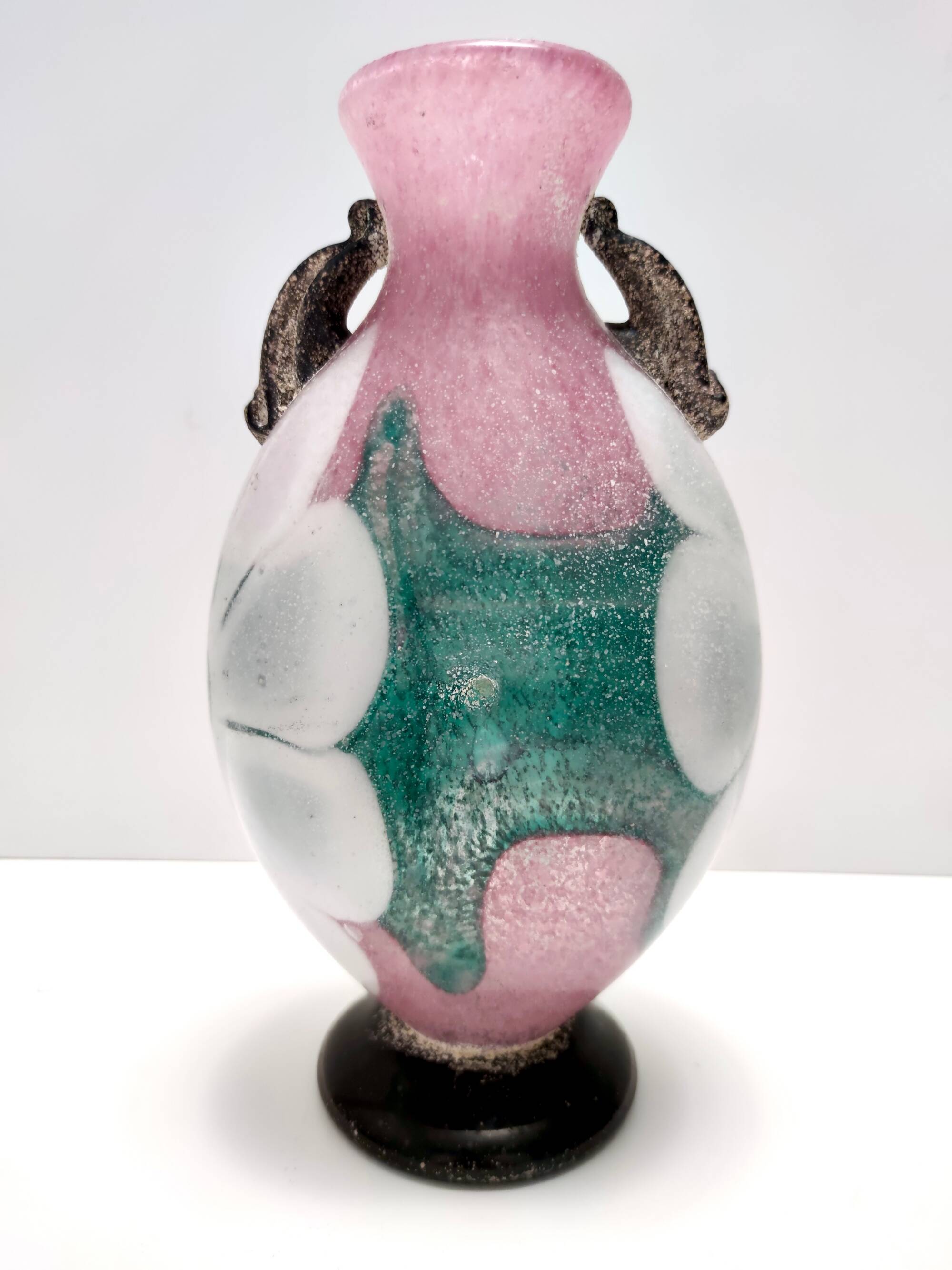 Postmodern Pink, Green and White Hand Blown Scavo Glass Vase, Murano, Italy