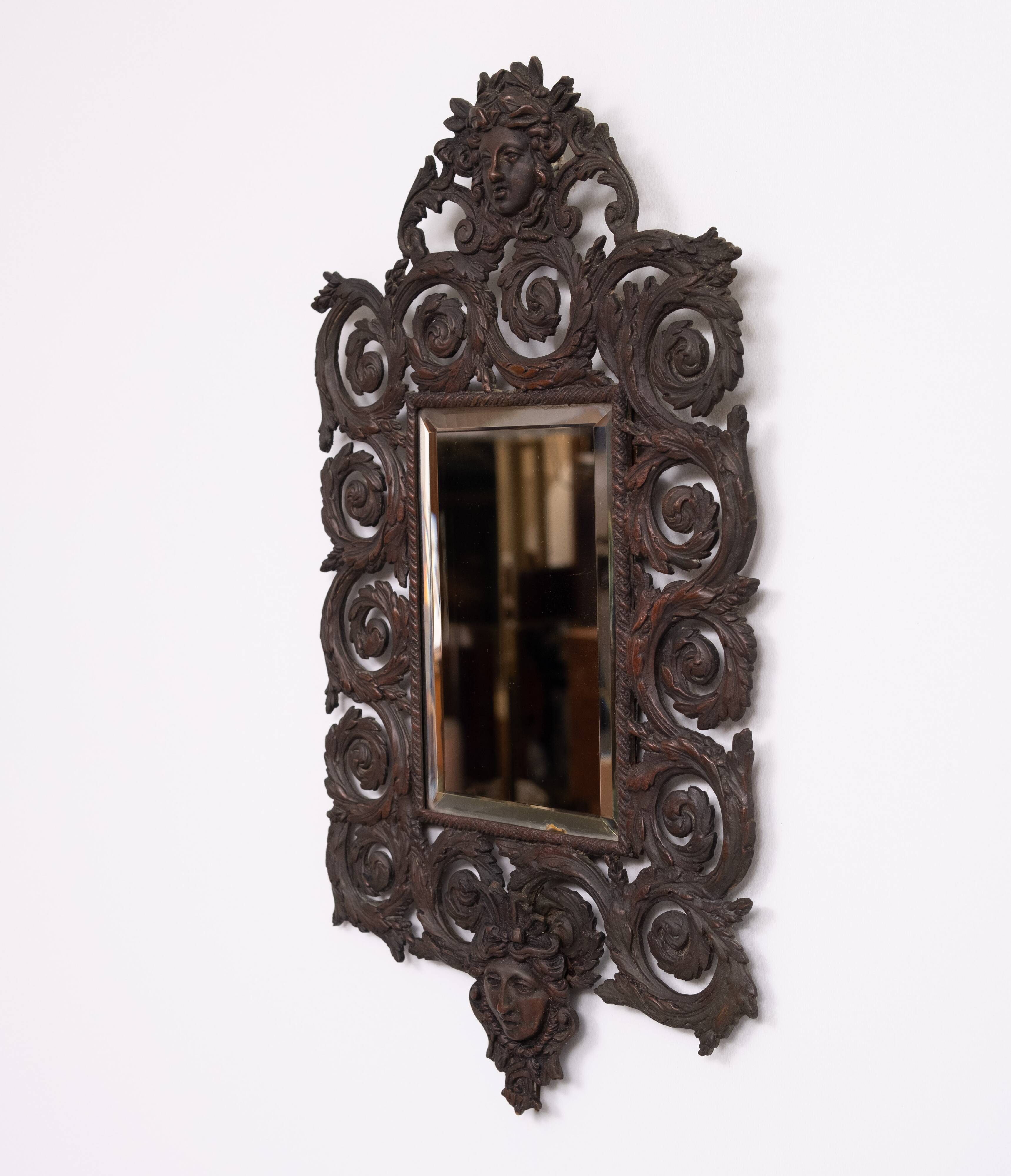 France Antique Cast Bronze women's Head wall Mirror