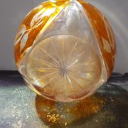 Ancien Vase Cristal Taillé Transparent & Orange Décor Fleurs Vintage