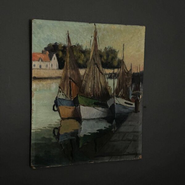 Huile sur carton bateaux de pêche à quai XXe par Moufunt