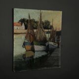 Oil on cardboard fishing boats at the quayside 20th century by Moufunt
