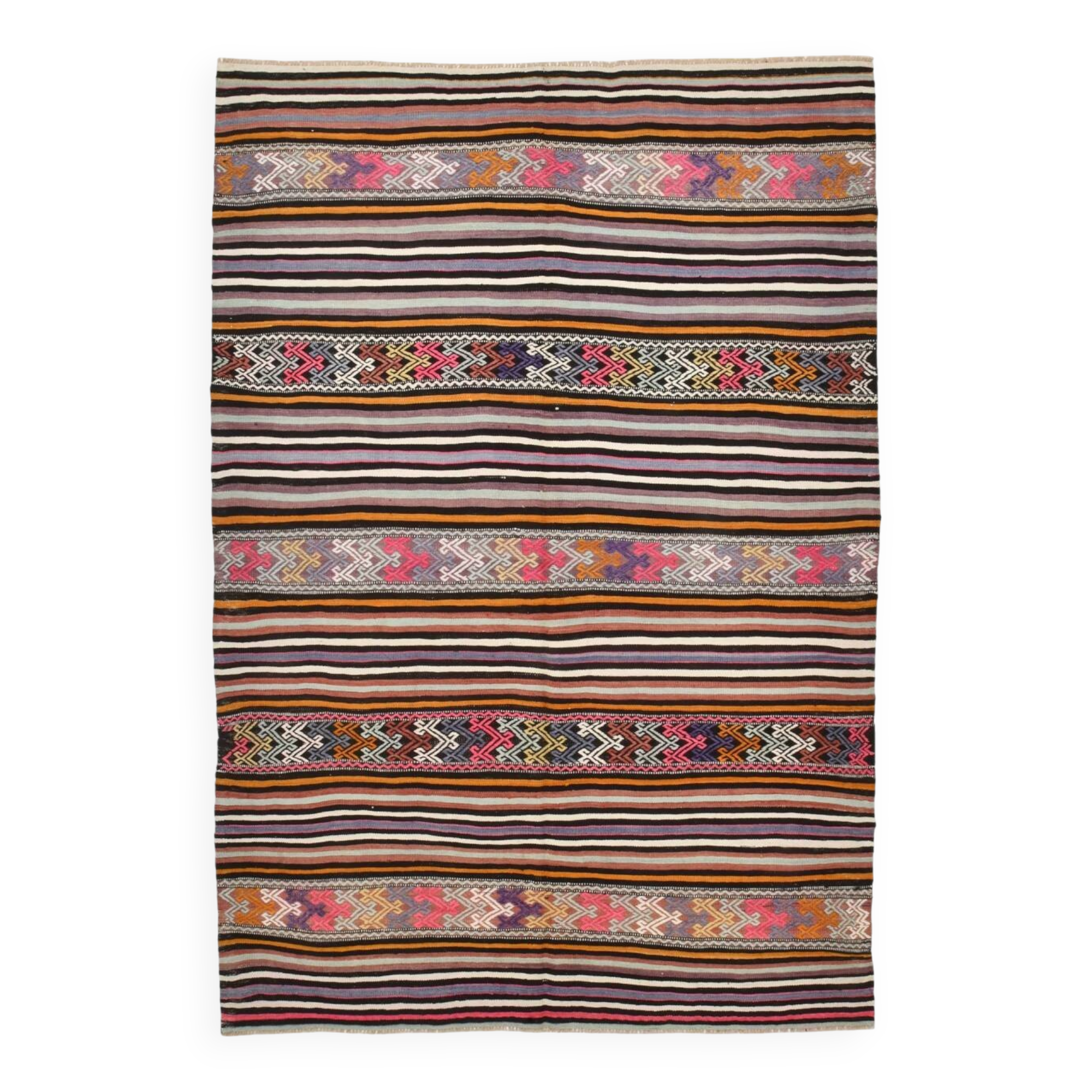 5x8 Kilim Colorful Striped Vintage Wool Kilim Rug, 160x232 Cm