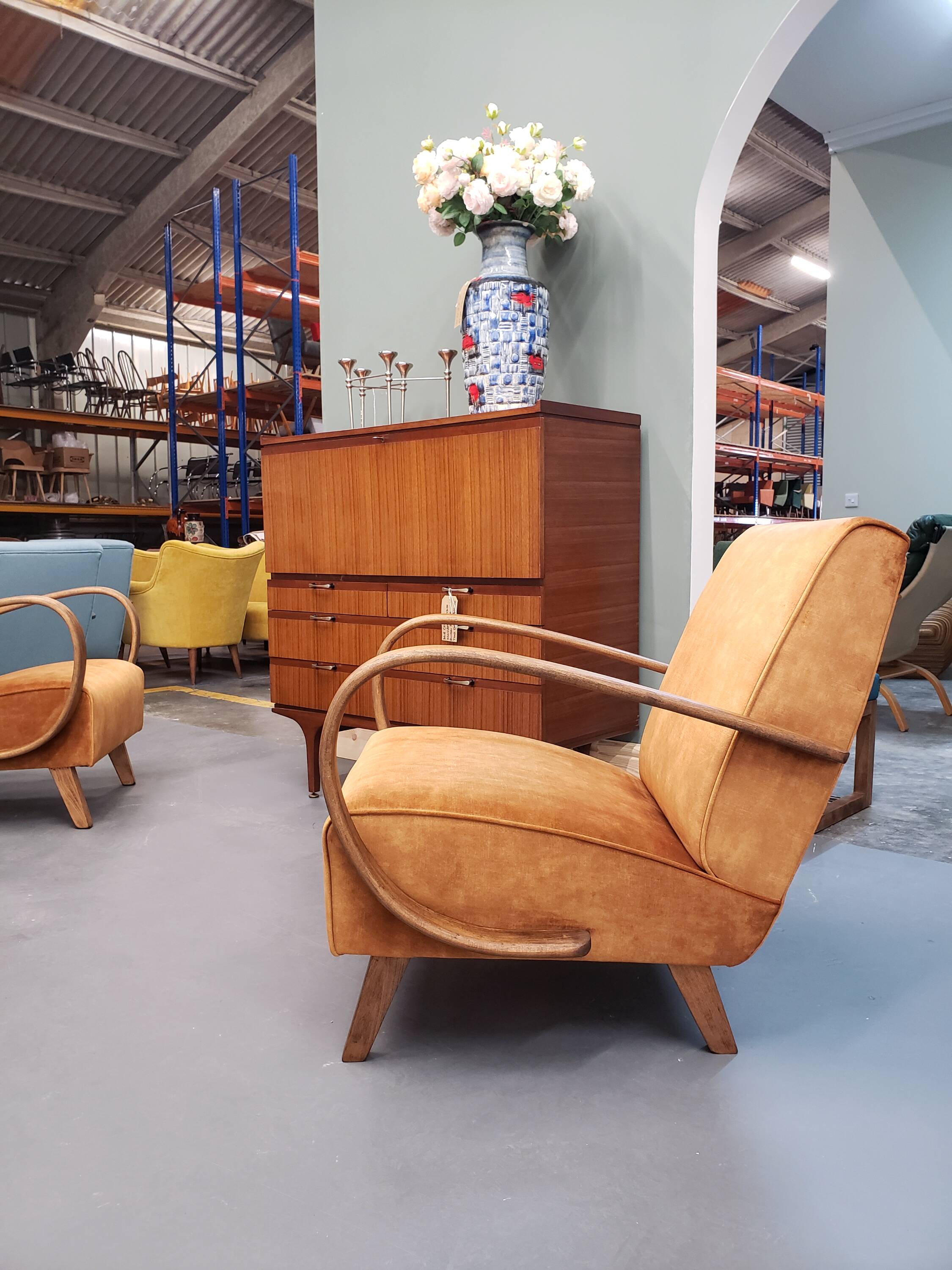 1930 Jindrich Halabala Bentwood Armchair in Rust Brown Velvet