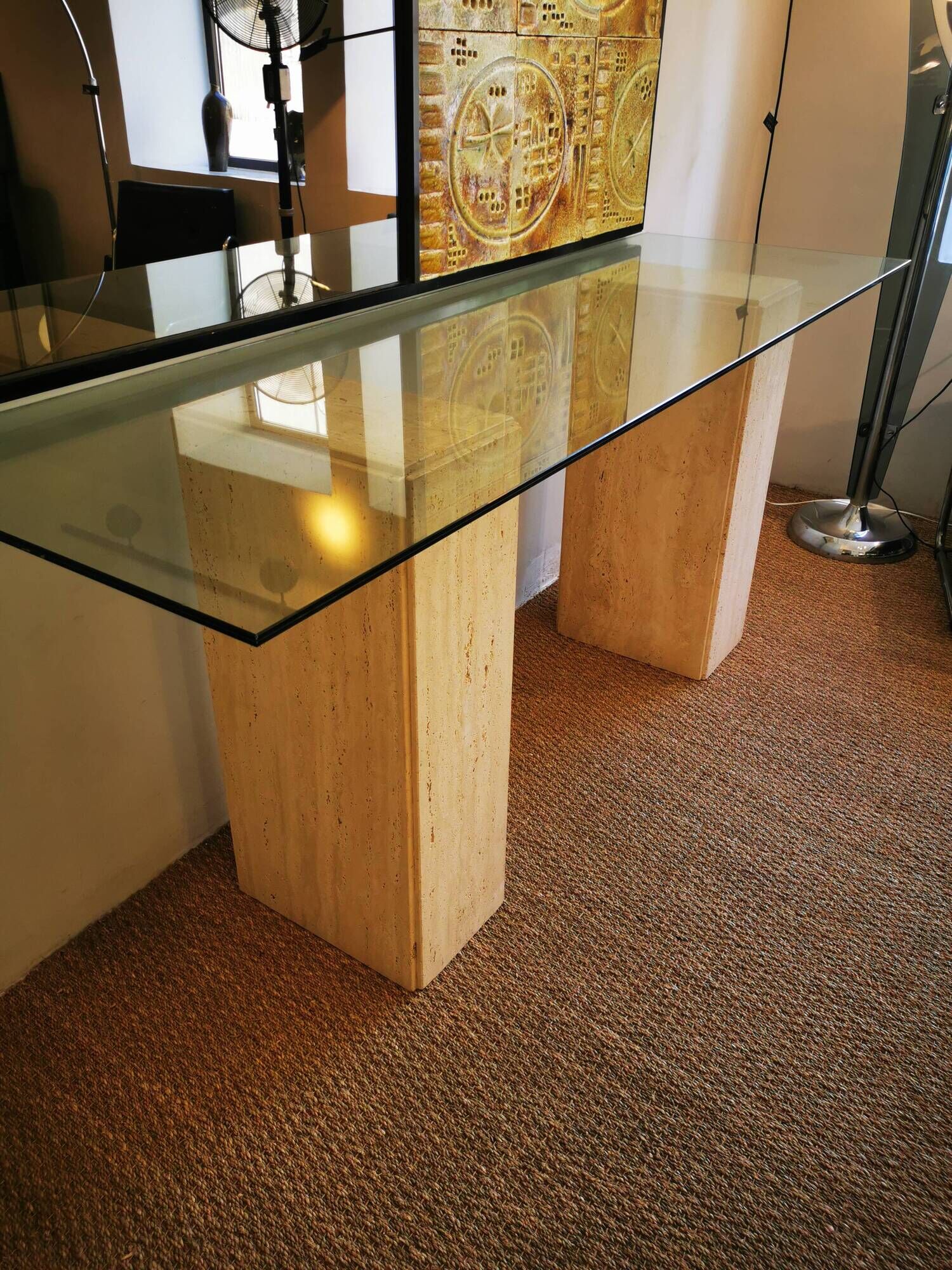 XXL vintage Italian console in travertine and glass from the 80s