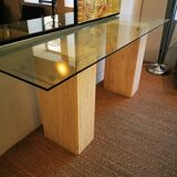 Console  XXL vintage italienne en travertin et verre années 80