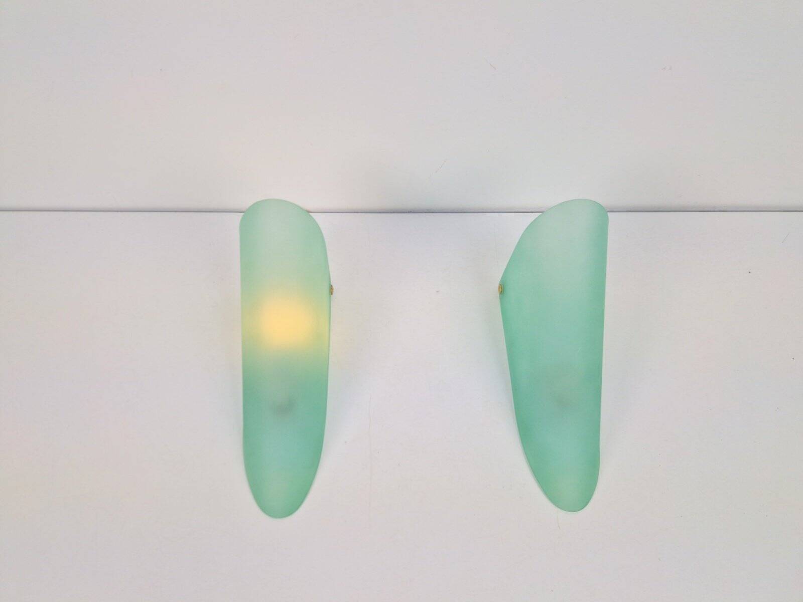 Vintage Triangular Conical Wall Sconces in Green Frosted Glass, 1990s, Set of 2