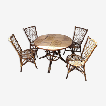 Table in rattan marquetry with 4 chairs 1960