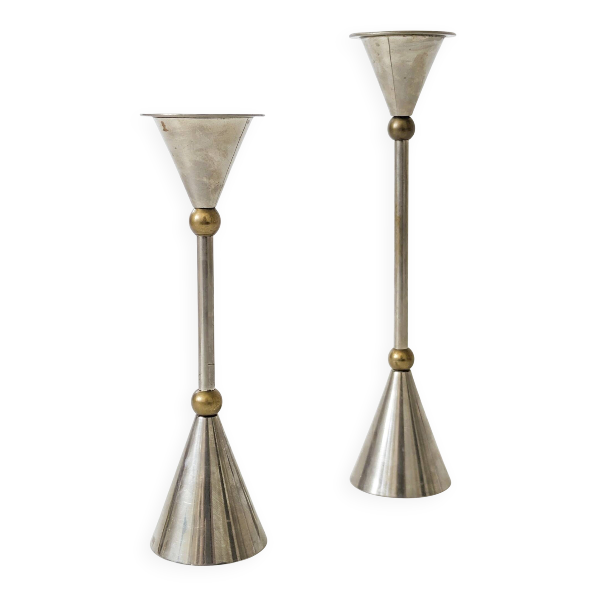 Pair of postmodern candlesticks in Memphis style made of steel and brass.