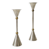Pair of postmodern candlesticks in Memphis style made of steel and brass.