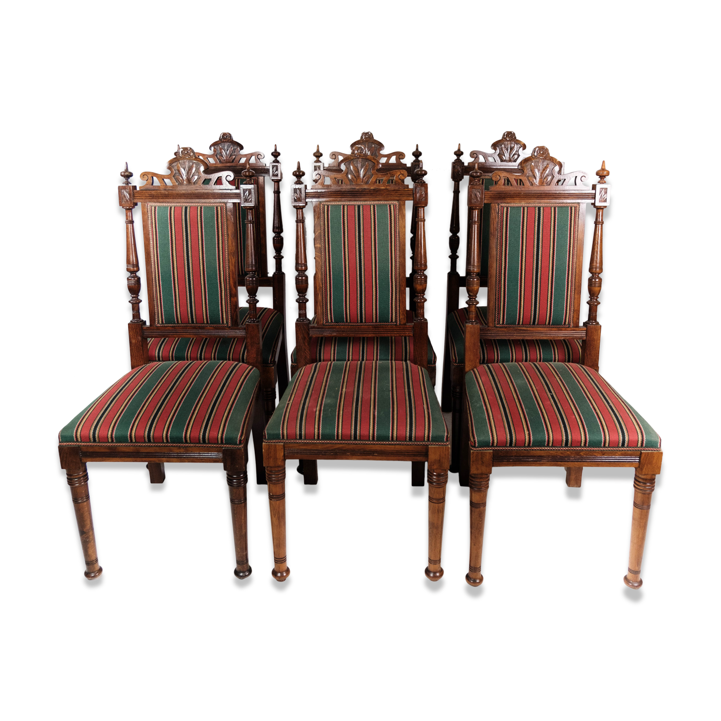 Ensemble de six chaises de salle à manger en chêne et rembourrées de tissu rayé, années 1920