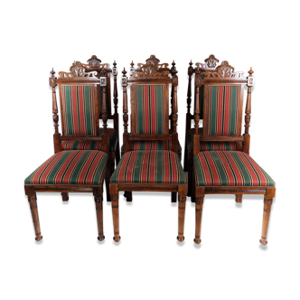Set of six dining room chairs of oak and upholstered with striped fabric, 1920s