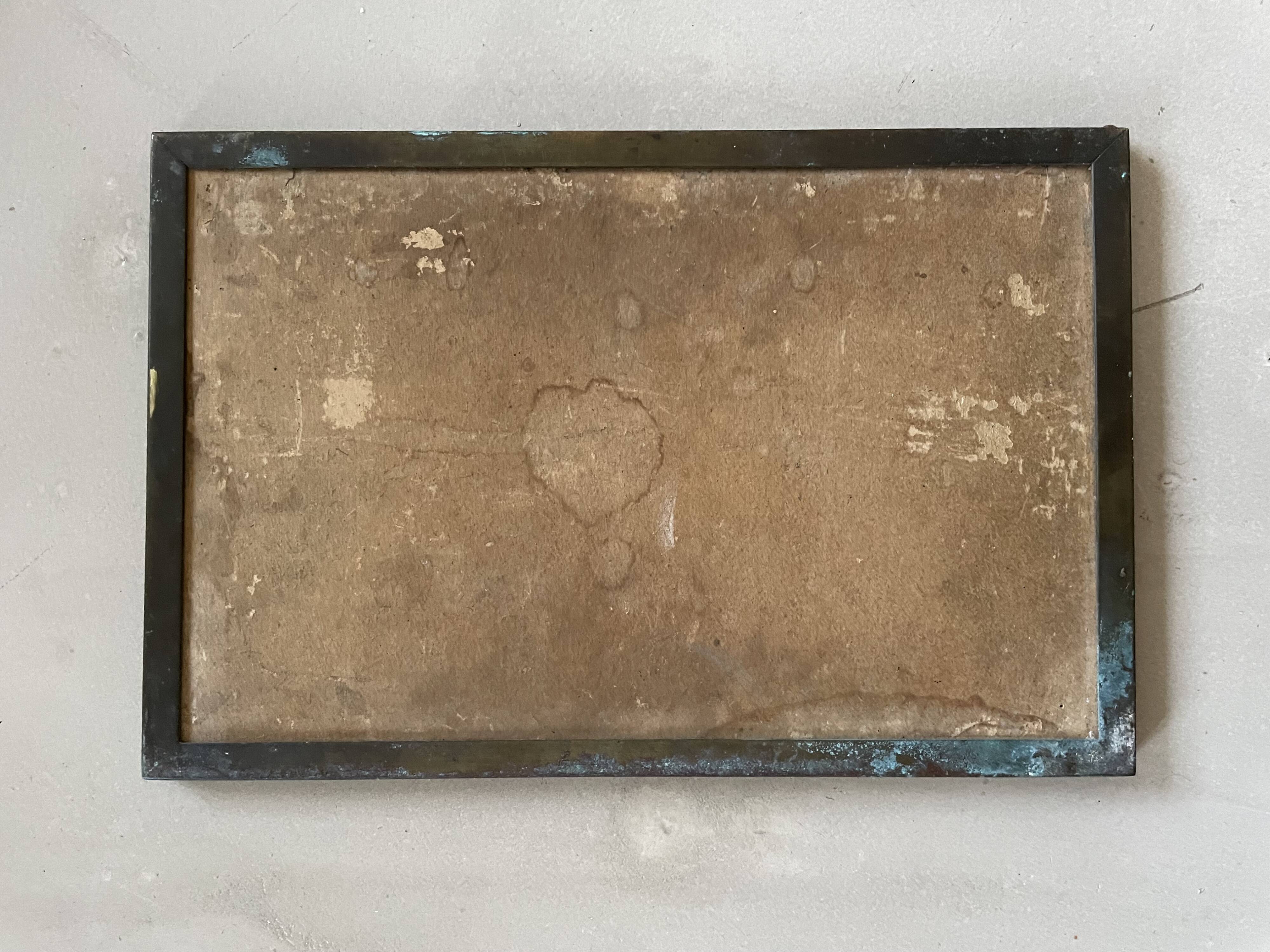 Antique patinated brass mirror 24x38cm