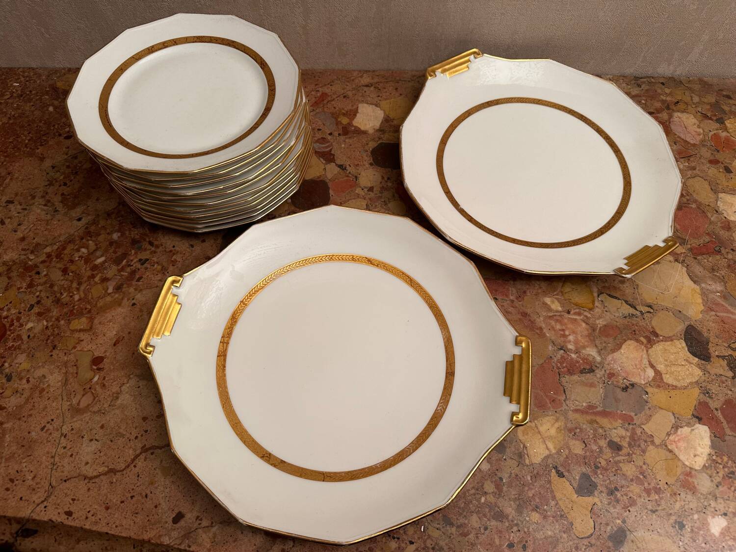 F. Legrand Limoges - Service à Dessert 2 Plat Gâteaux/Tartes + 11 assi