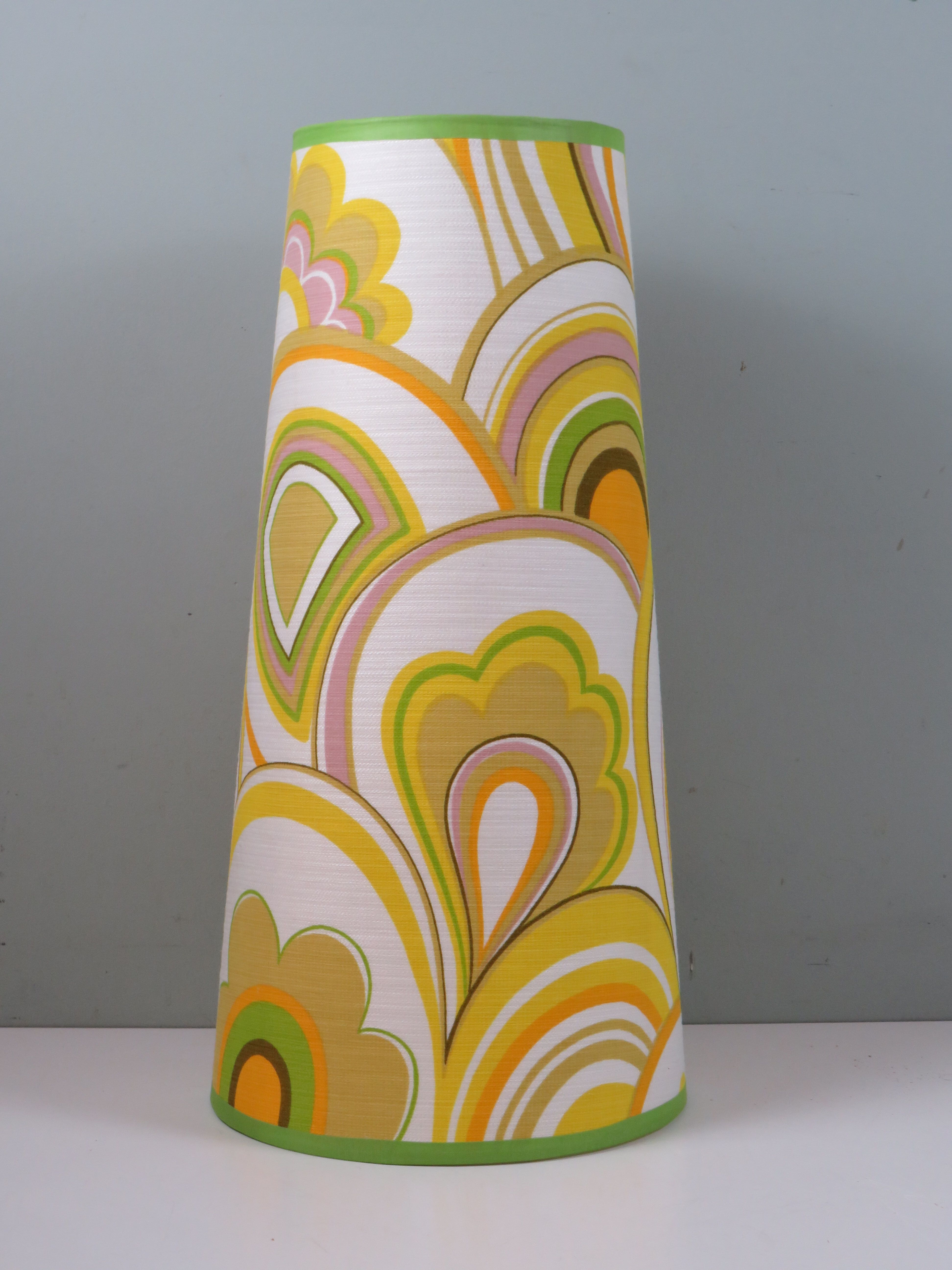 Large conical lampshade, recently made with vintage fabric.