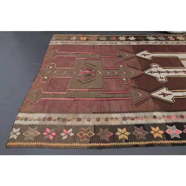 Vintage Turkish Oushak handmade wool cotton brown runner rug 168x395