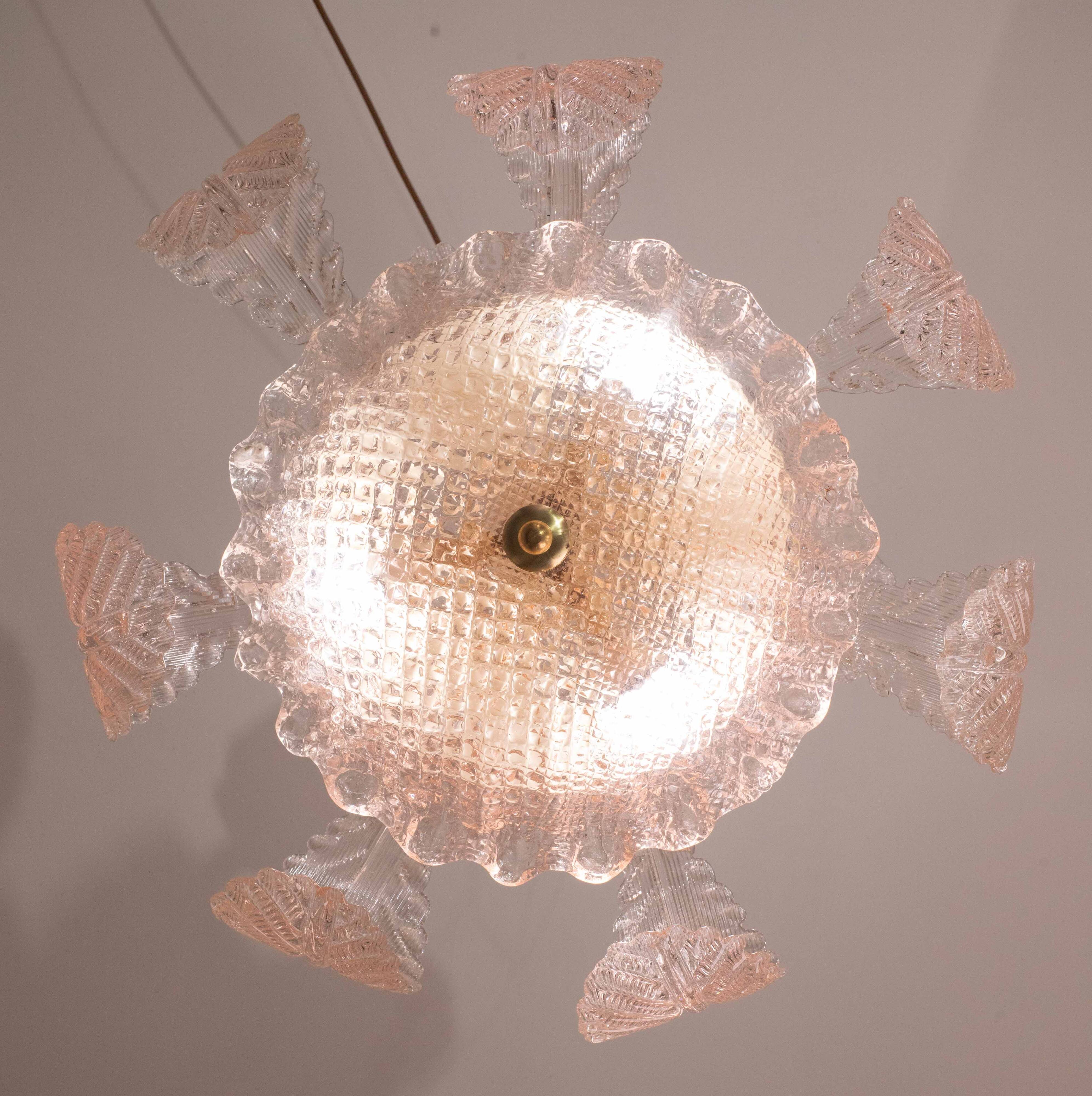 Pink Art Decò Barovier e Toso Chandelier, Murano Glass, 1950s