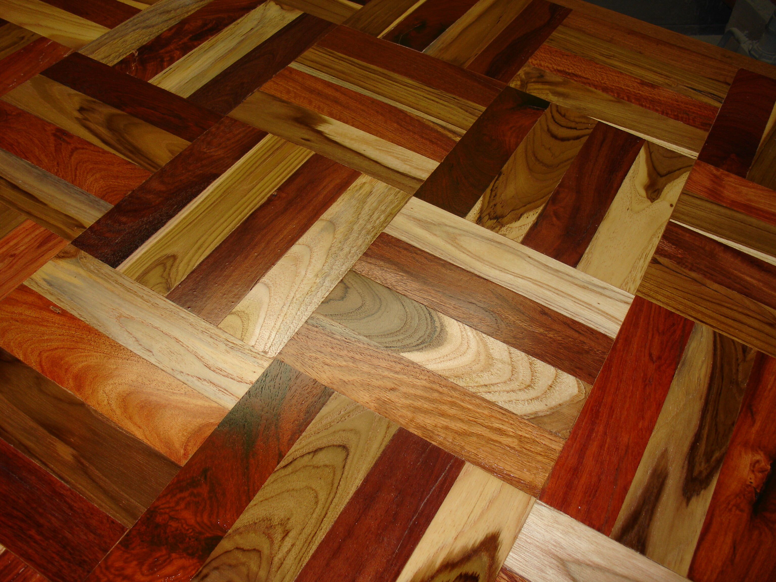 Square table in solid wood mosaic with chrome base, circa 1970