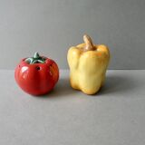 Salt and pepper shakers in barbotine, pepper and tomato shape