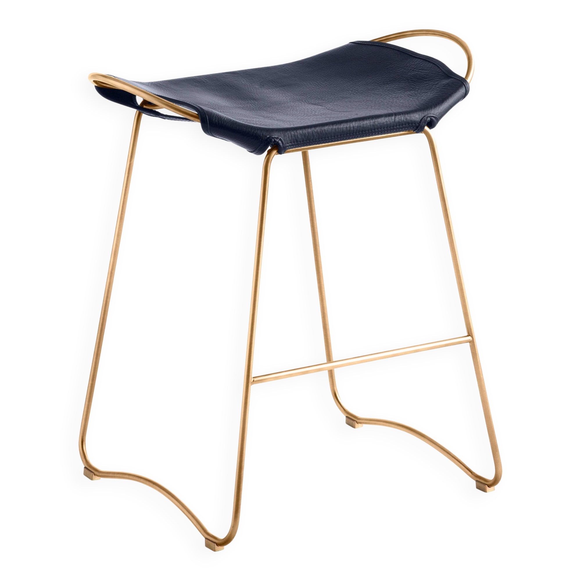 Tabouret de cuisine en acier laiton vieilli et cuir bleu marine de style contemporain