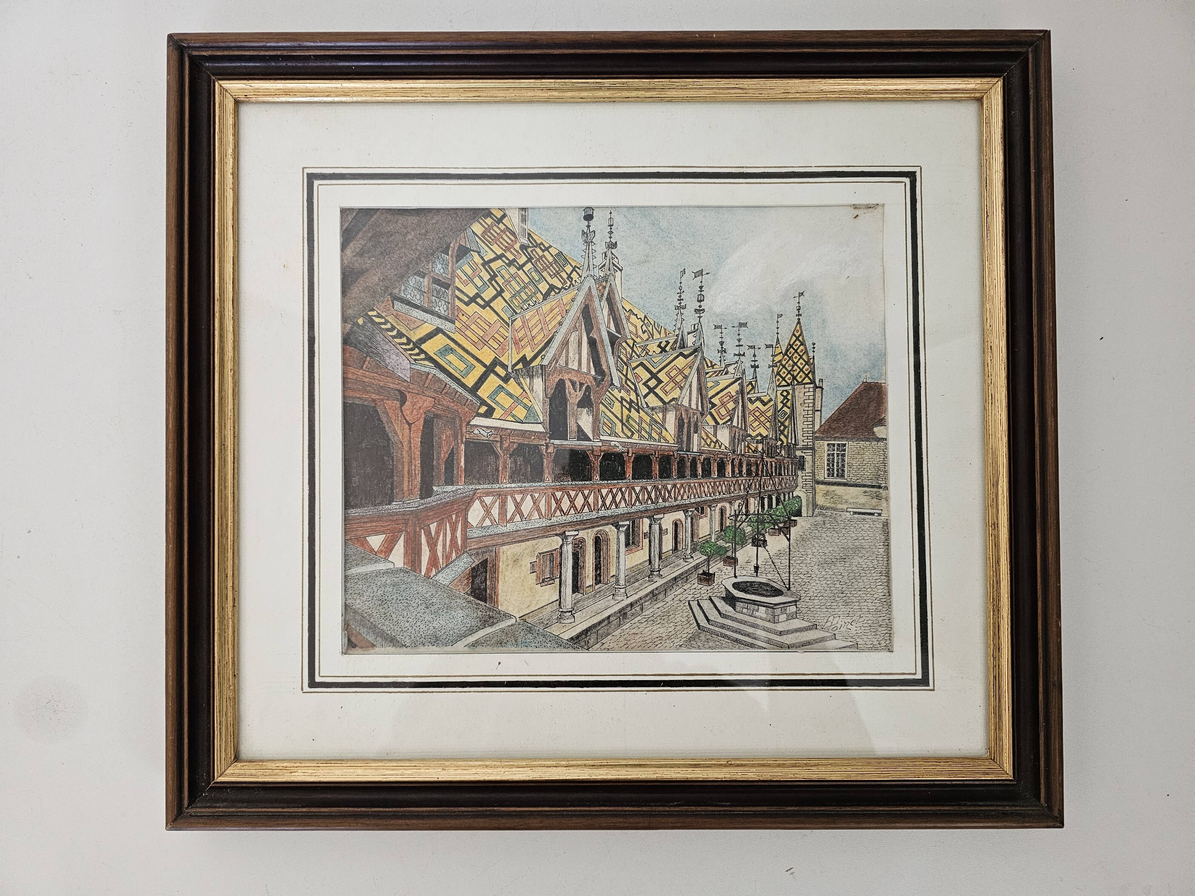 Tableau Ink and pastel - Beaune Hotel Dieu - E Poinet