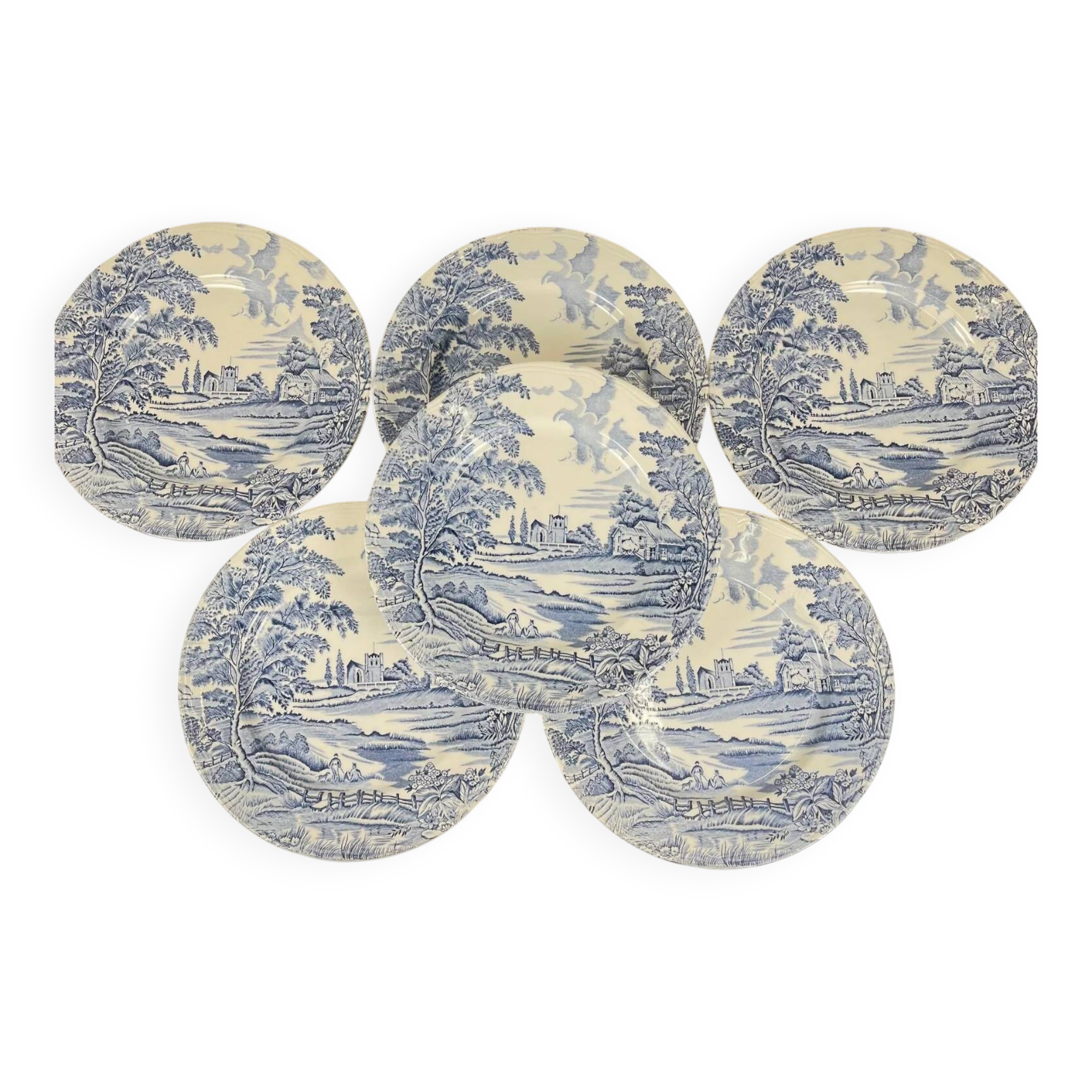 Set of 6 flat plates "English style" blue, Lunéville