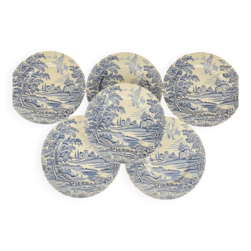 Set of 6 flat plates "English style" blue, Lunéville