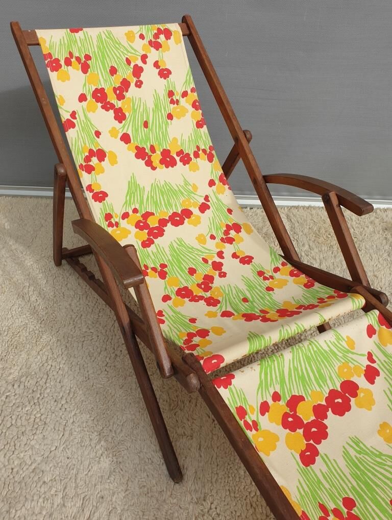Chilean duo vintage wooden deckchairs with footrest