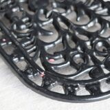 Vintage black cast iron oval trivet - Openwork design