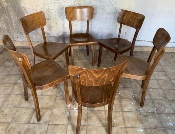 6 old lounge chairs bistro curved wood