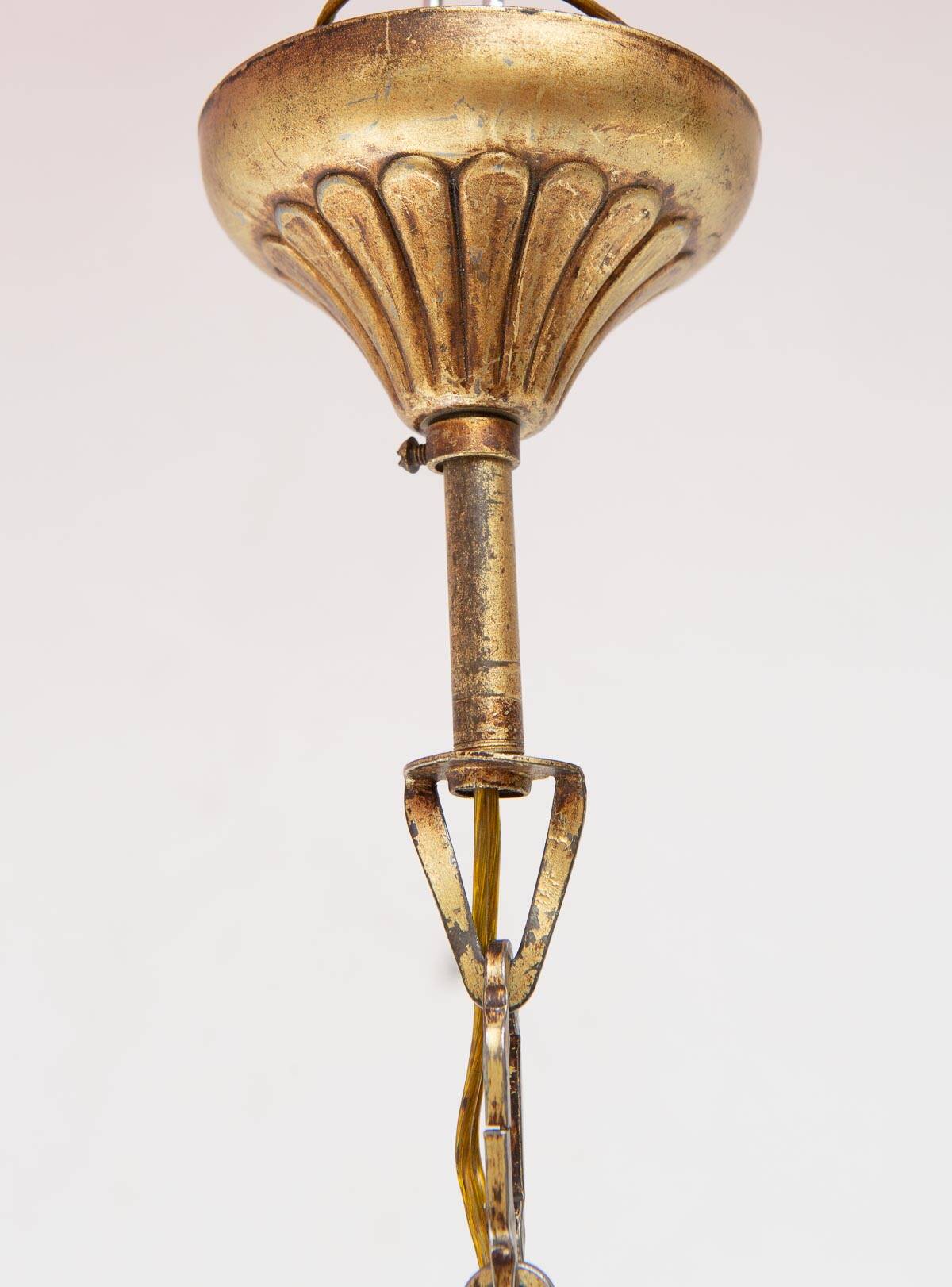 Small Italian chandelier in gilded metal with leaves and red drops, c. 1960.