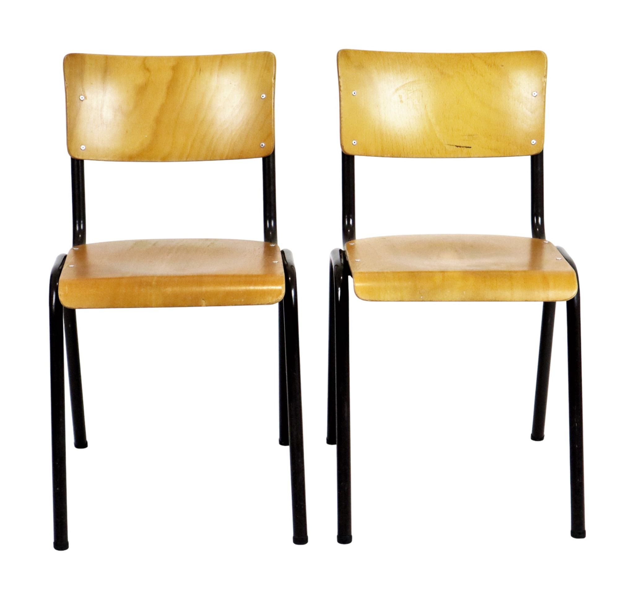 Vintage School Canteen Chairs 1970s Wood and Metal Set of 4