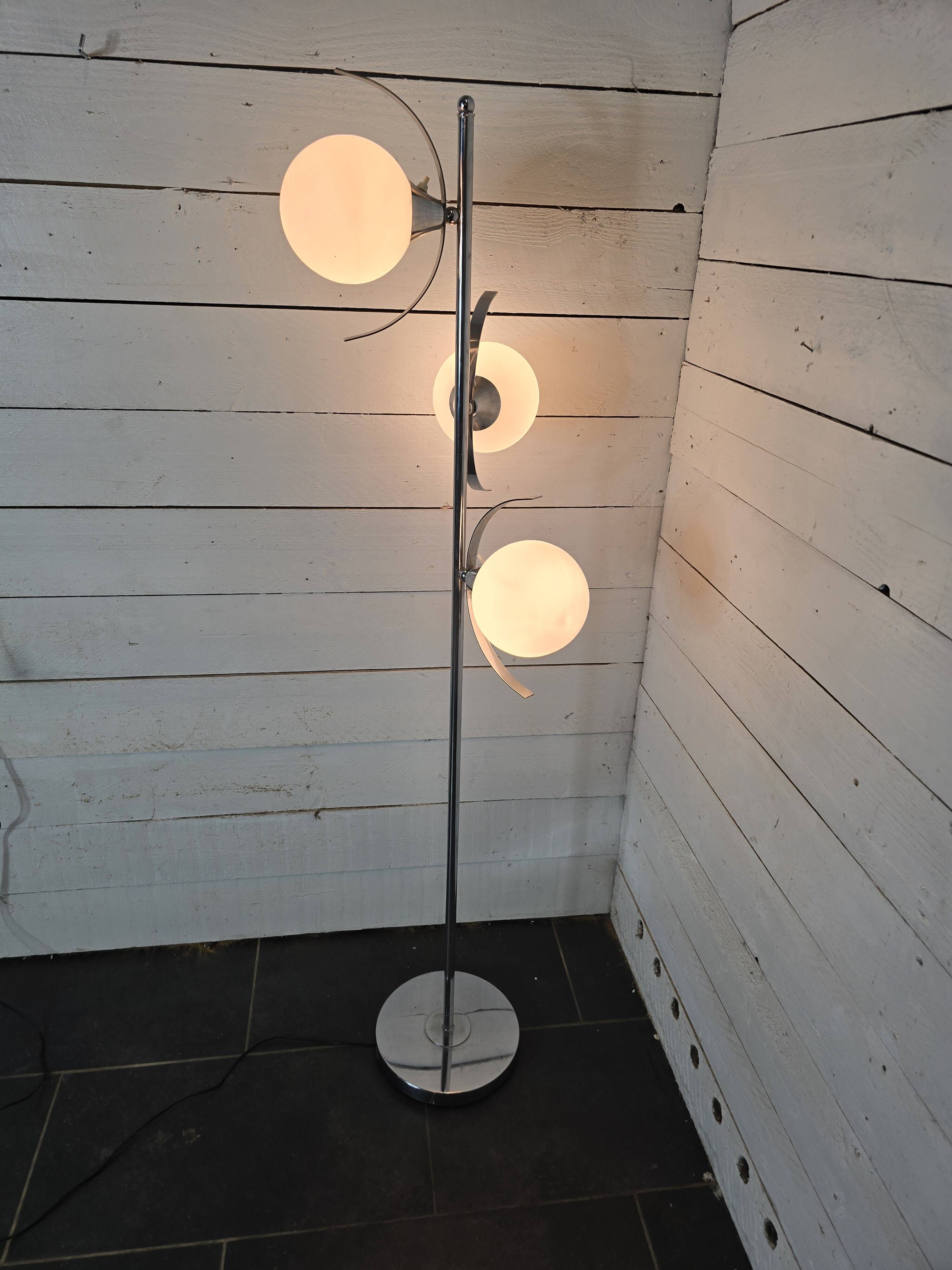 70s chrome metal floor lamp with 3 opaline ball lights
