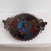 Large Japanese-style cloisonné enamel platter – Samurai decoration – Late 19th century