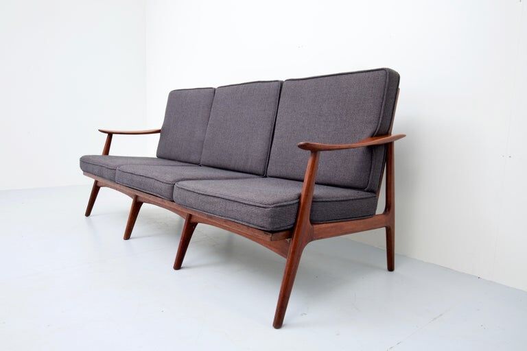 3-seater sofa with patinated oak armrests and 1960s Italy fabric