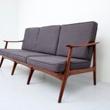 3-seater sofa with patinated oak armrests and 1960s Italy fabric