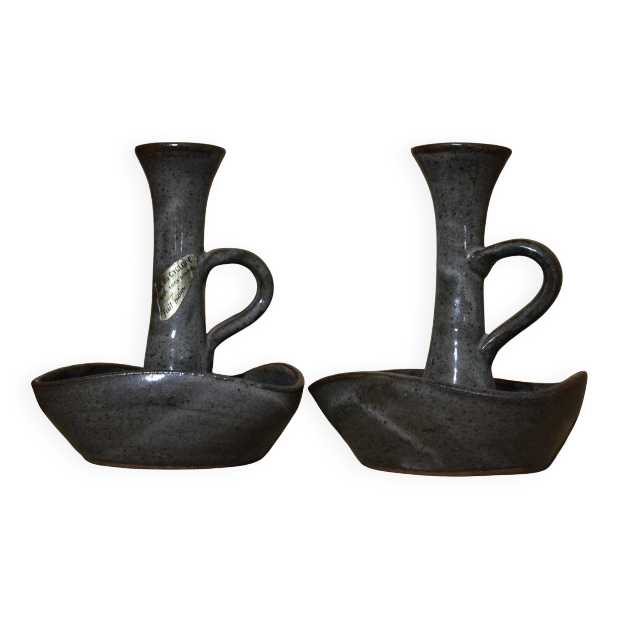 Set of 2 stoneware Cyclops candlesticks