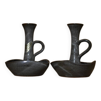 Set of 2 stoneware Cyclops candlesticks