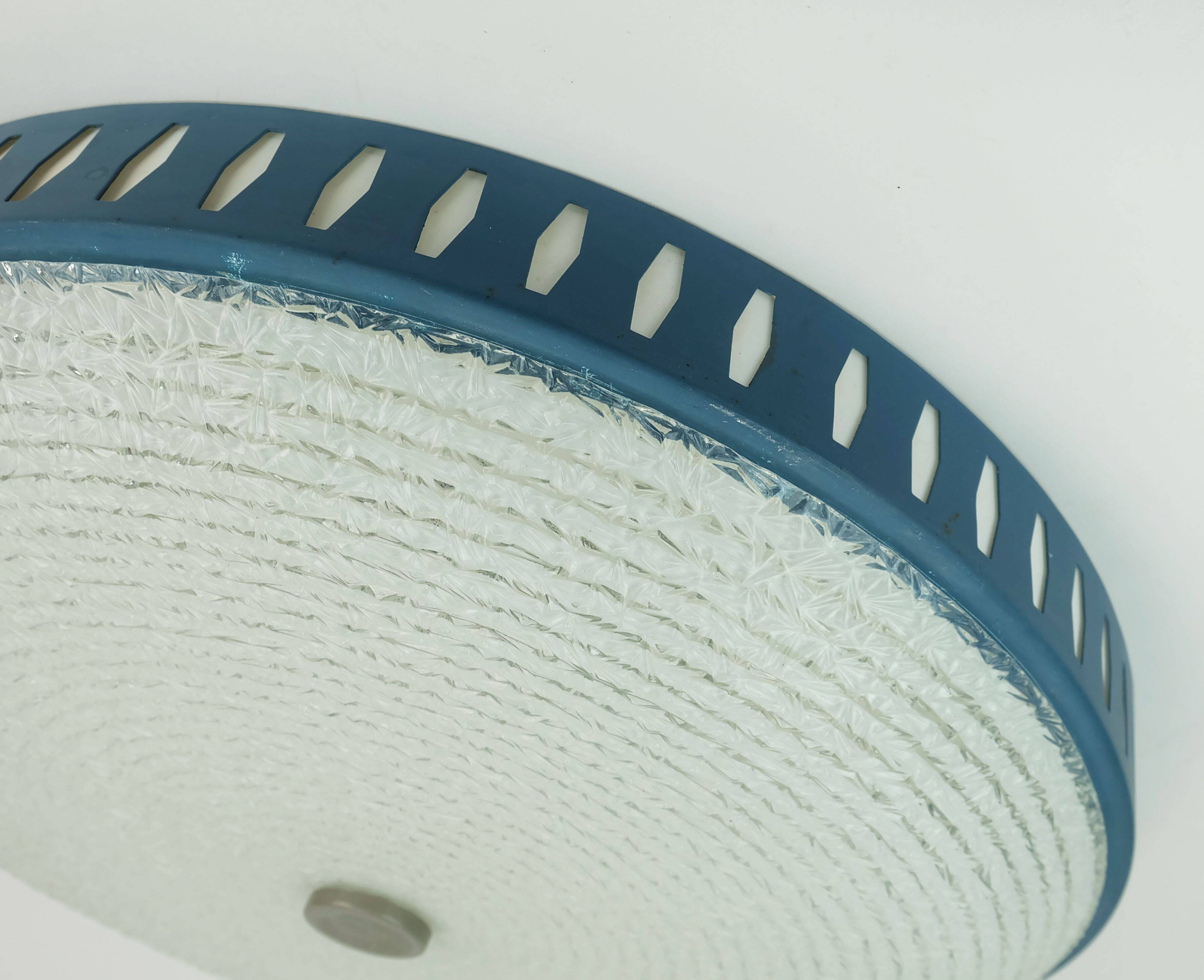 Rare large ceiling light by hillebrand 1960s textured glass blue metal fram