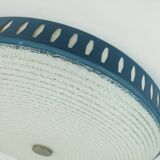 Rare large ceiling light by hillebrand 1960s textured glass blue metal fram