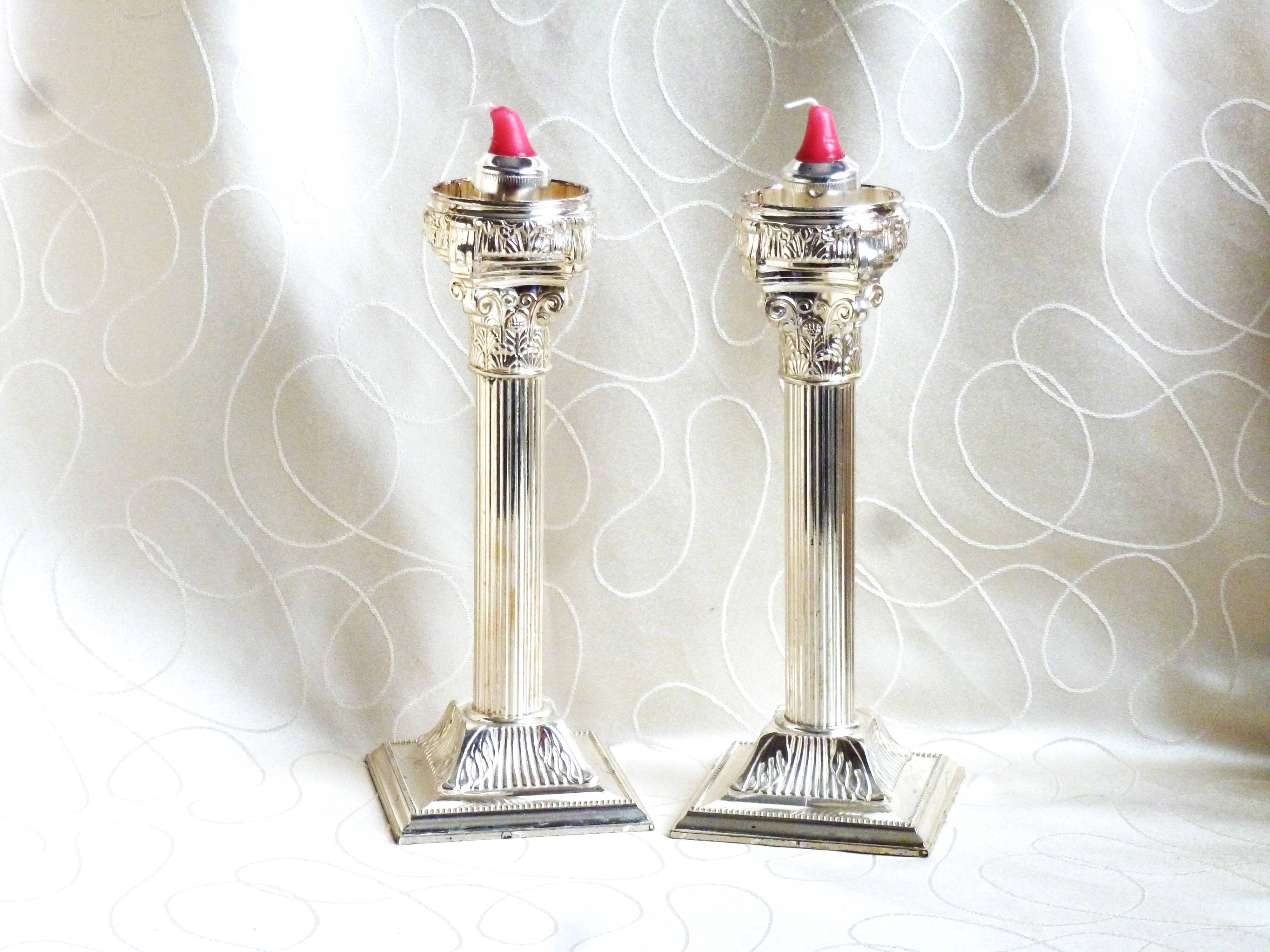 Set of 2 silver metal candle holders, silver metal candle holders