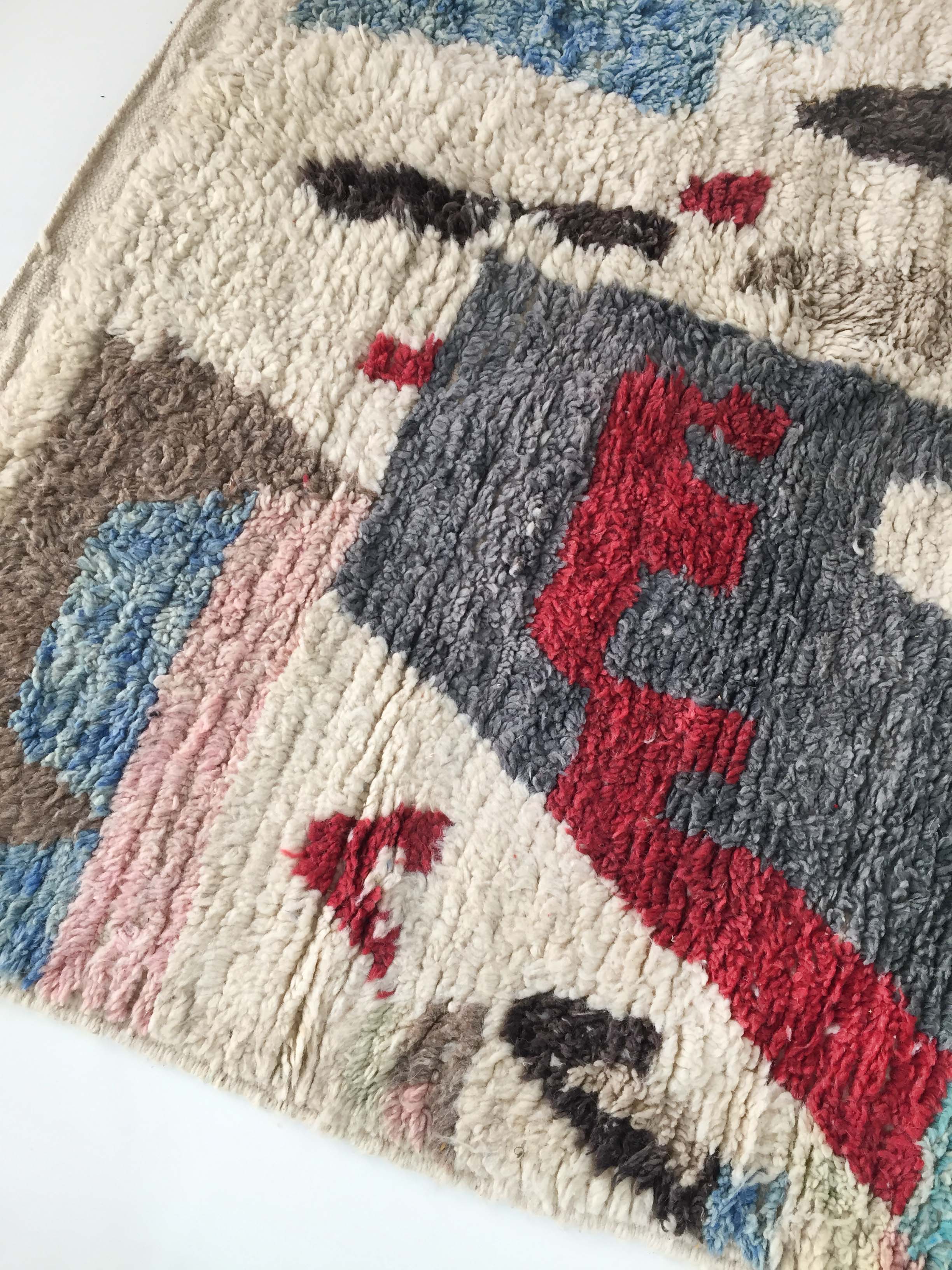 Moroccan Berber carpet Boujaad ecru with colorful patterns 228x157cm