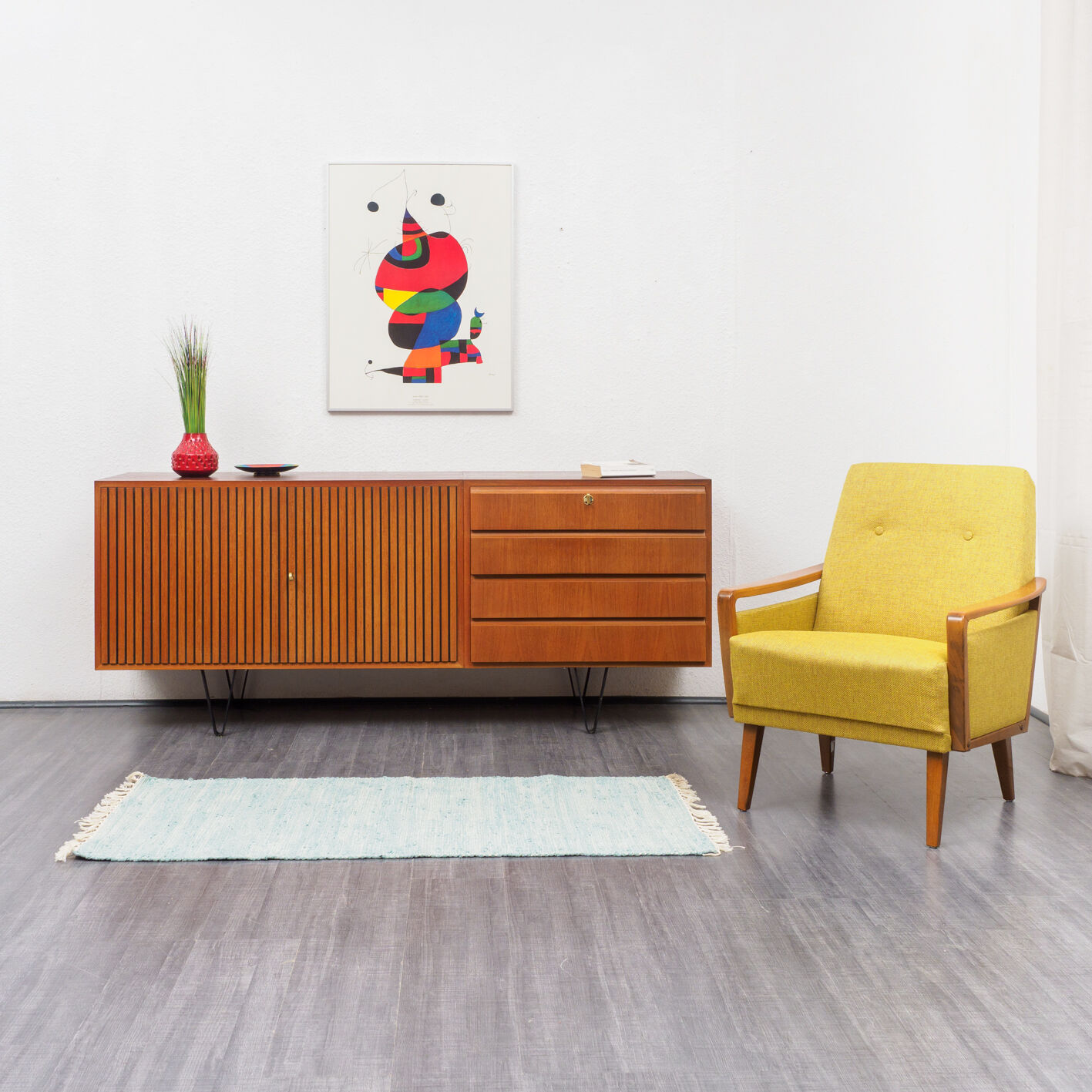 Sideboard 60 years, teak, metal legs, doors striated