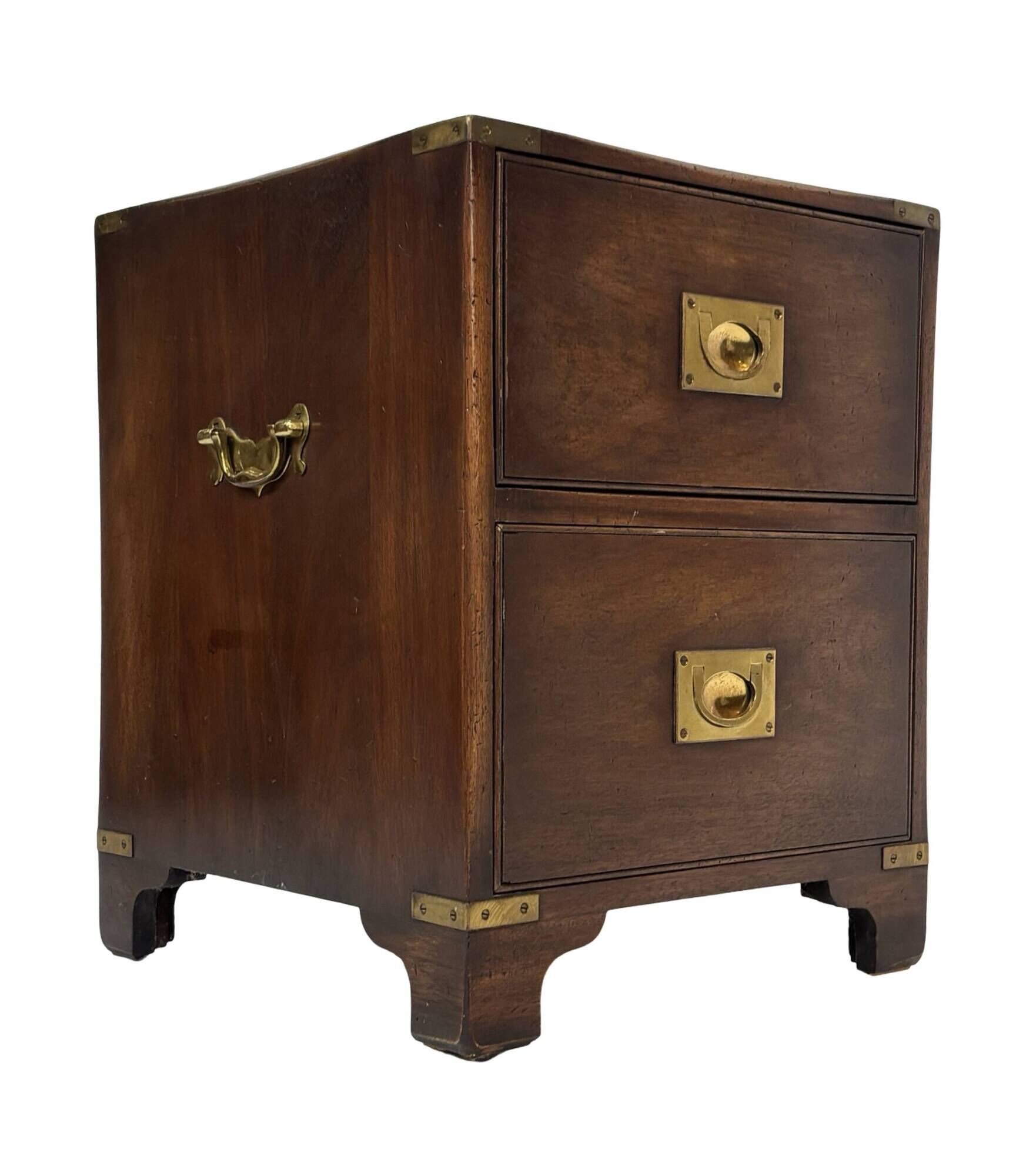 Vintage set of wooden bedside tables in military campaign style design