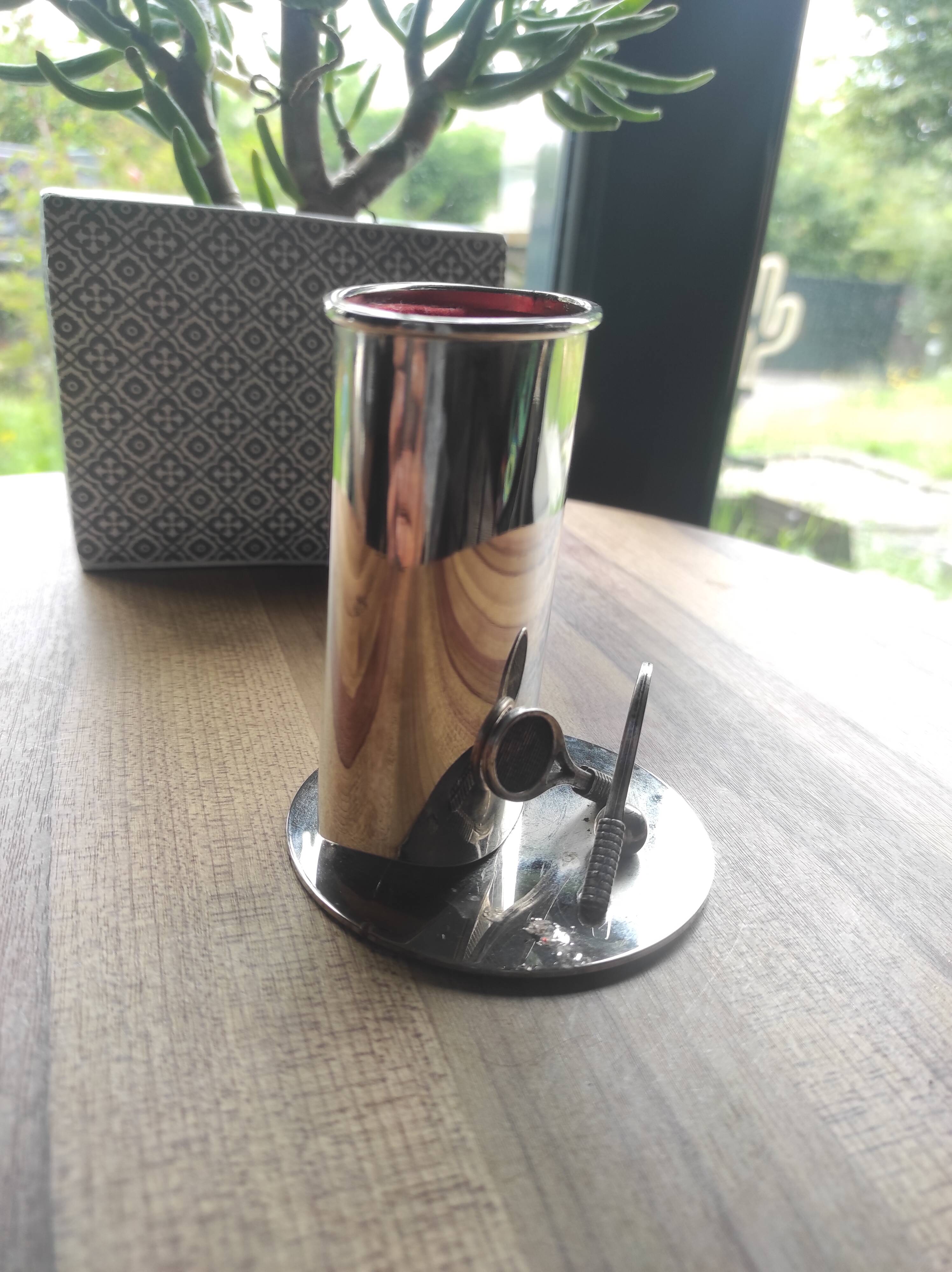 Vintage silver metal pencil holder decorated with tennis rackets