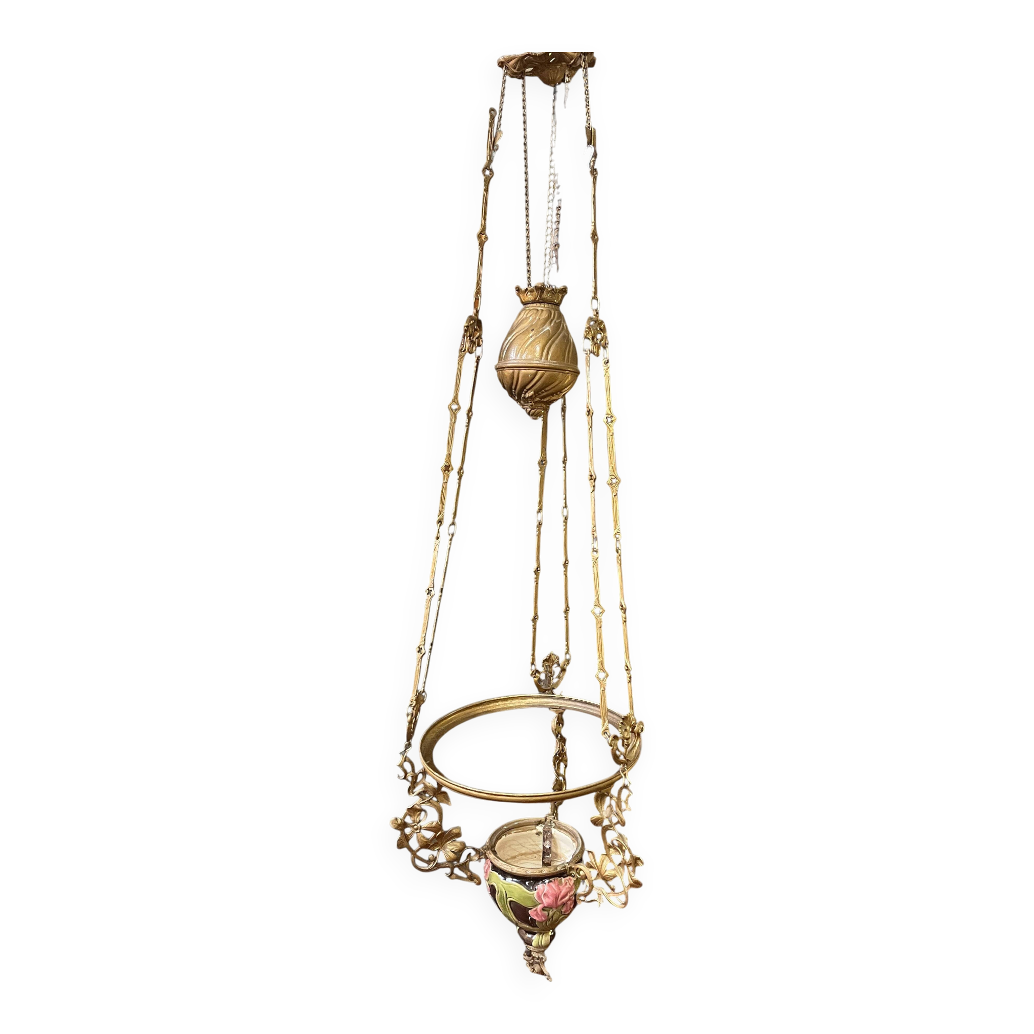 Art Nouveau suspension, rising and falling, in slipware, around 1900.