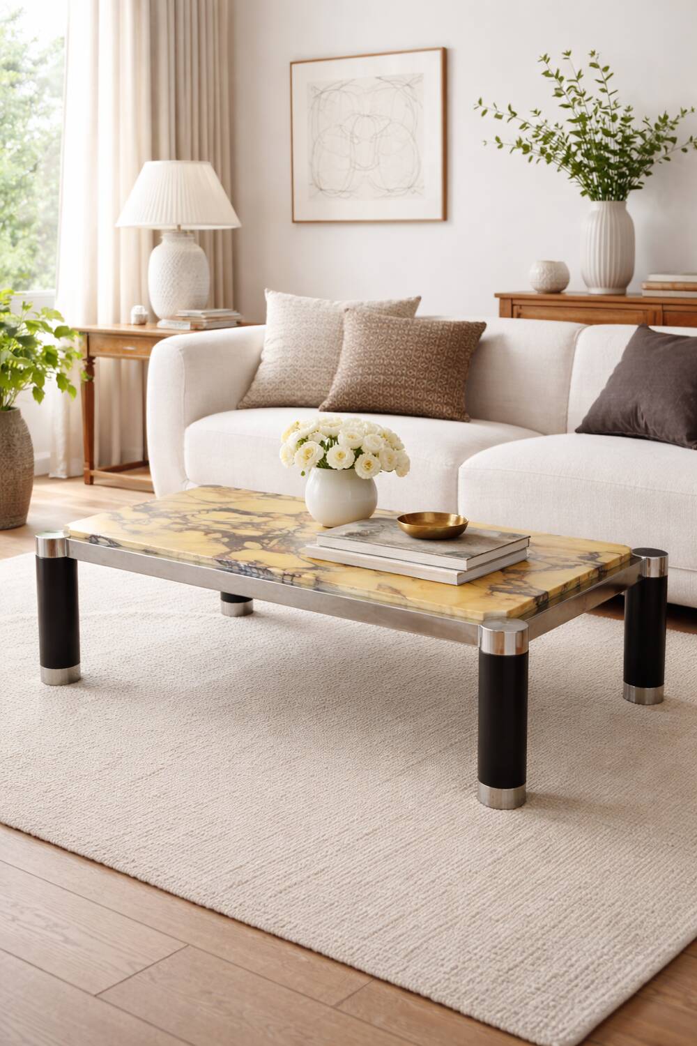 Vintage coffee table in yellow marble & metal – 1970s design – 120 ×
